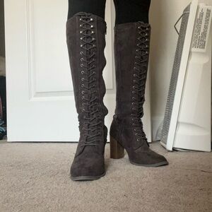 Stylish Grey Lace-Up Knee-High Boots